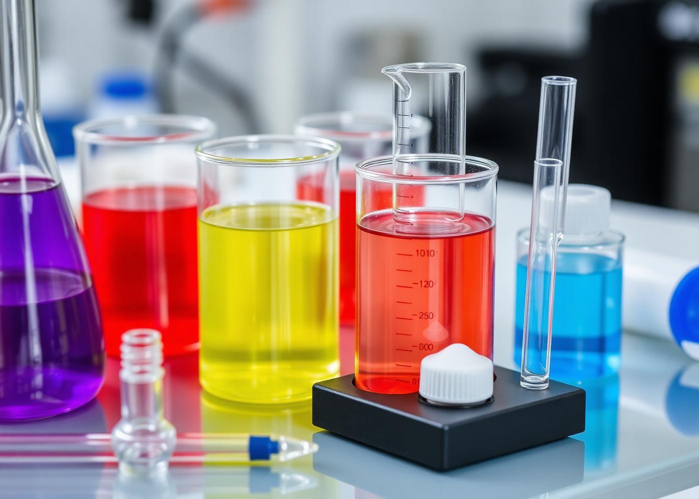 Testing beakers with colored liquids